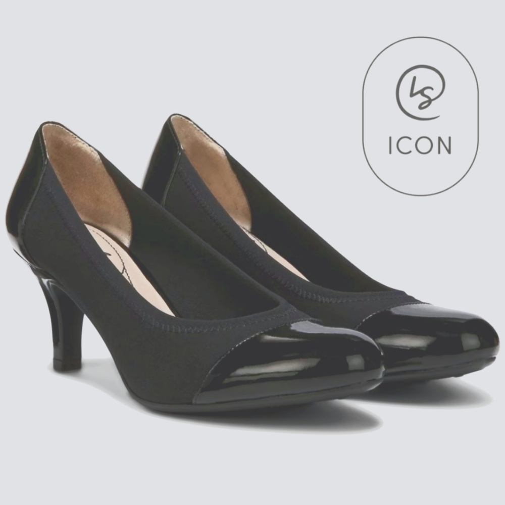 Life Strides Soft System Black Stretch Parigi Pumps, sz 8m, Patent/Fabric, Black